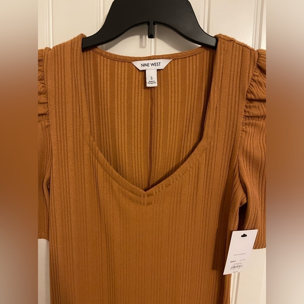 PUFF SHORT SLEEVE MIDCALF DRESS women size S vertical ribbing cinnamon/chestnuts - Picture 2 of 12